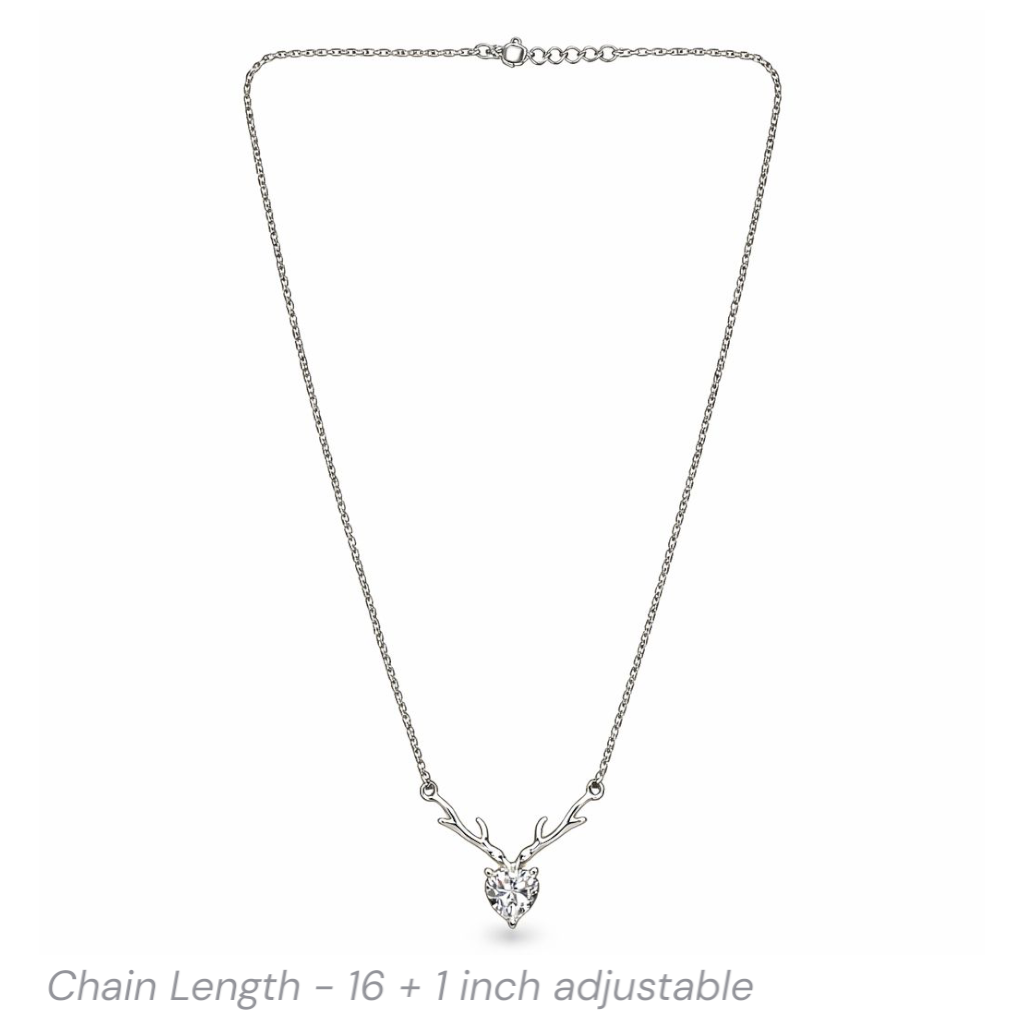 Silver necklace with a heart pendant on a white background with size details