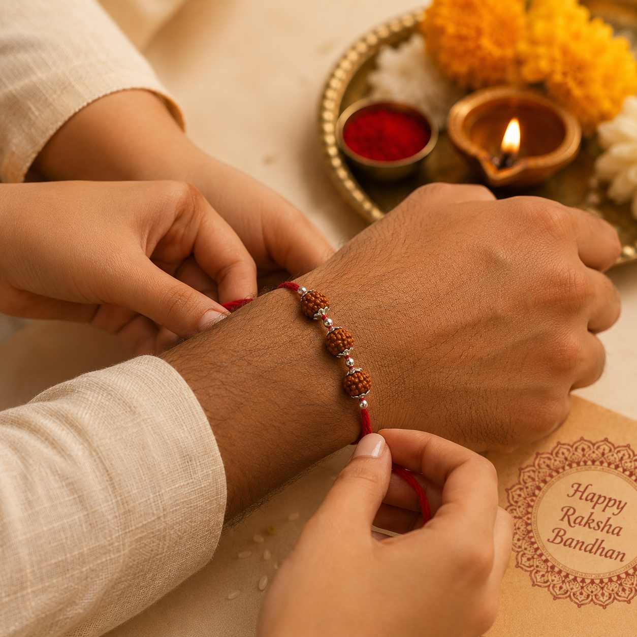 A close-up lifestyle shot of a person's wrist being adorned with a traditional Indian Rakhi bracelet. The bracelet features red thread , rudrkasha and 925 silver, with hands adjusting it.