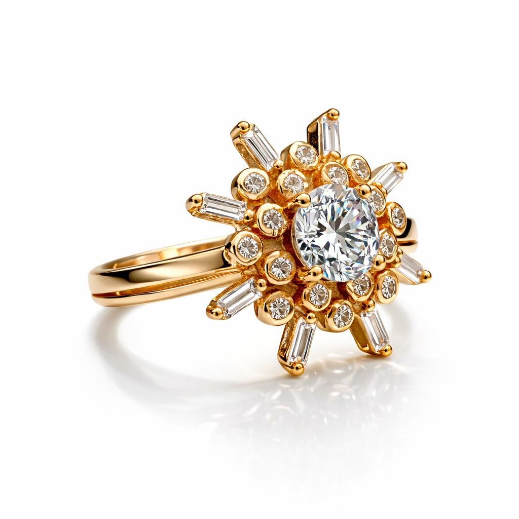Rose Gold CZ Sunburst Ring in 925 Sterling Silver