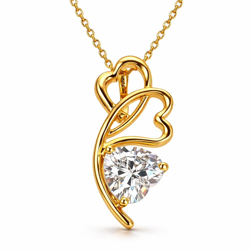 925 sterling silver Gold heart-shaped necklace with a clear gemstone on a white background