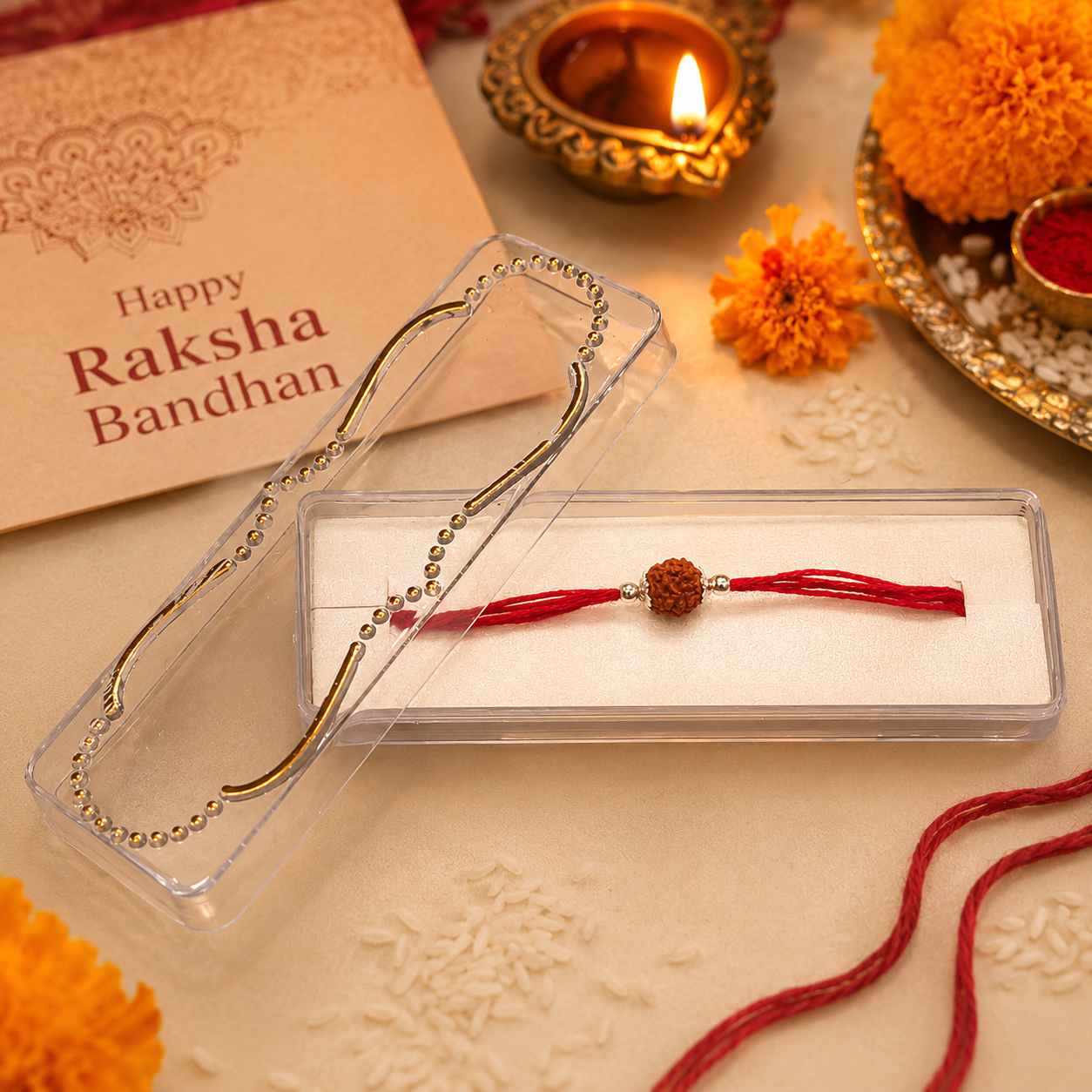 A 925 silver red thread Rakhi with a brown rudraksha bead is displayed in a clear plastic box on a white insert, alongside a decorative gold chain. The scene is styled with a 'Happy Raksha Bandhan' card, a lit diya, marigold flowers, and a red cord on a beige surface.