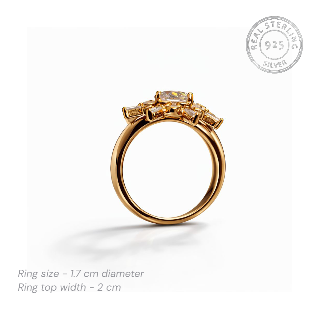 Rose Gold ring with gemstones on a white background, featuring 'Real Sterling Silver' certification.