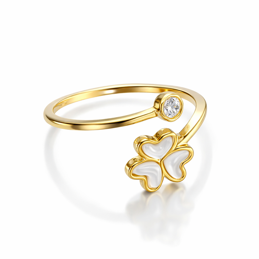 925 Sterling Silver Gold-Plated Clover Open Ring for Women