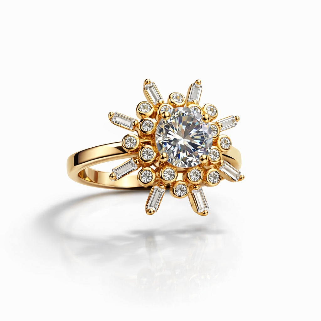 Rose Gold ring with a large central cz and smaller cz stones on a white background