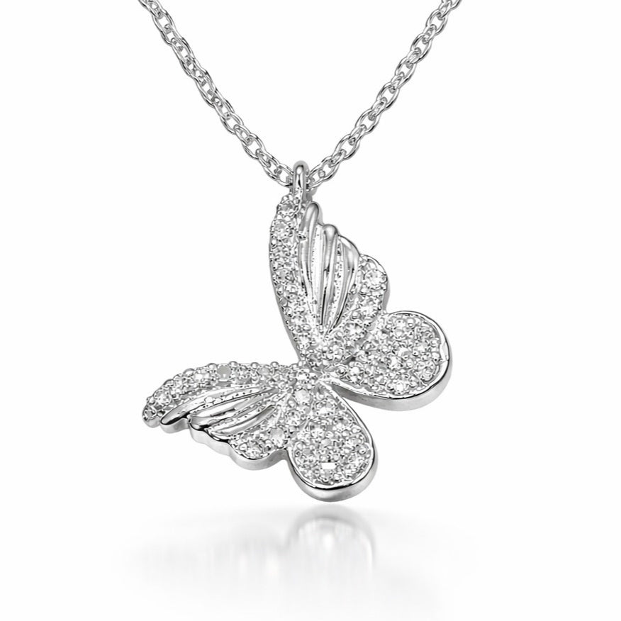 Butterfly-shaped silver pendant necklace on a white background