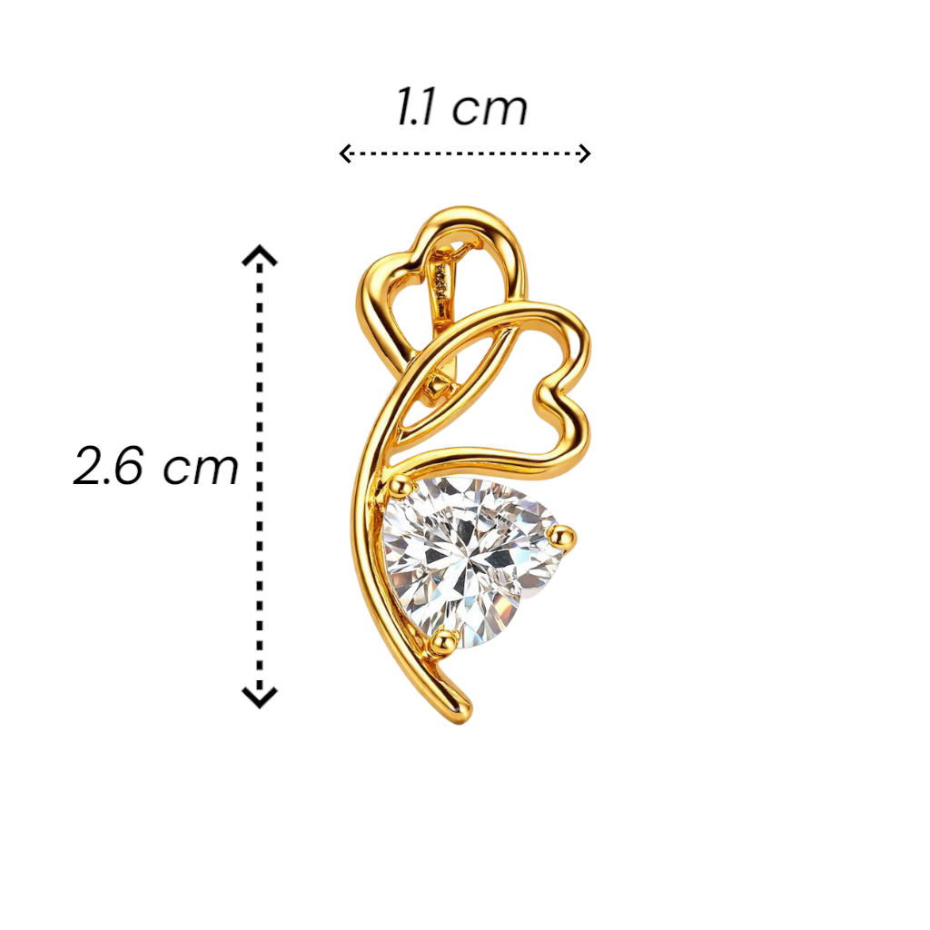 Sterling silver Gold plated heart-shaped pendant with a clear gemstone, shown with measurements on a white background.