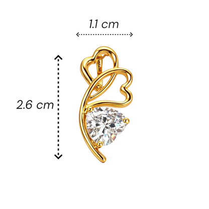Sterling silver Gold plated heart-shaped pendant with a clear gemstone, shown with measurements on a white background.