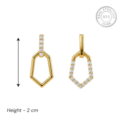 Sterling silver Gold geometric drop earrings with pavé-set clear stones, shown from front and side views on a white background with a height measurement of 2 cm and a sterling silver seal.