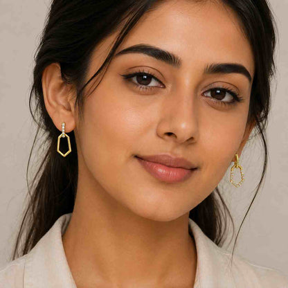 Geometric Hexagon Golden CZ Drop Earrings | 925 Sterling Silver