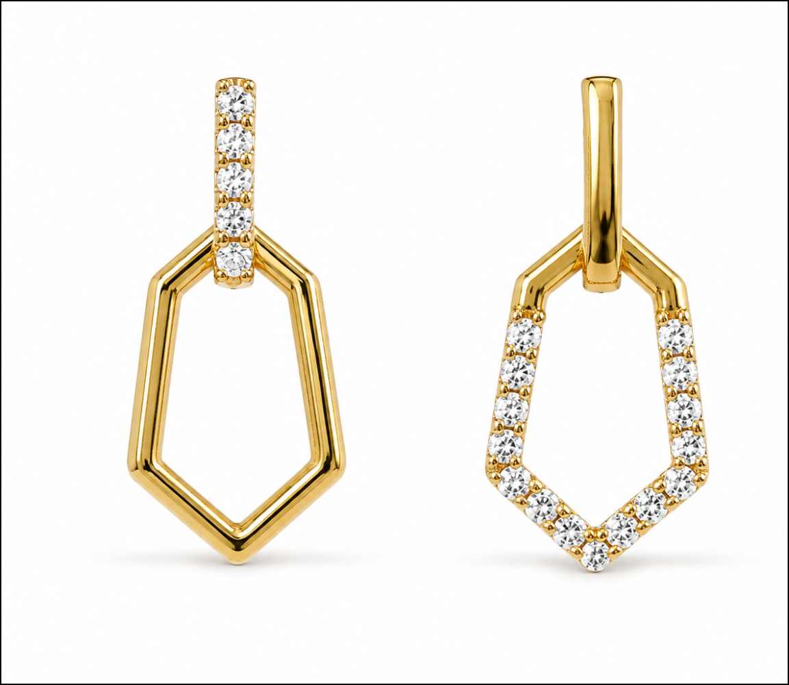 A pair of golden 925 sterling silver geometric drop earrings with clear pavé-set stones, shown on a clean white background.