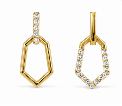 A pair of golden 925 sterling silver geometric drop earrings with clear pavé-set stones, shown on a clean white background.