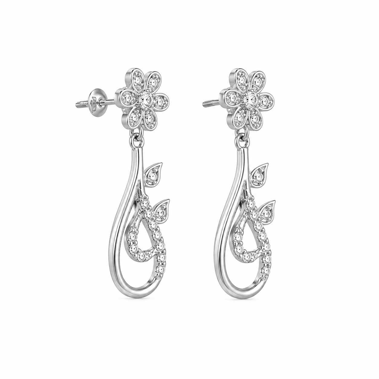 A pair of sterling silver dangle earrings featuring a flower-shaped stud set with clear crystals and a curved teardrop drop with leaf motifs and additional crystal detailing, shown on a plain white background.