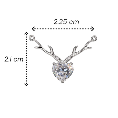 Heart-shaped pendant with antler design and measurements on a white background