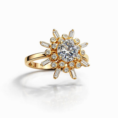 Rose Gold ring with a large central cz and smaller cz stones on a white background