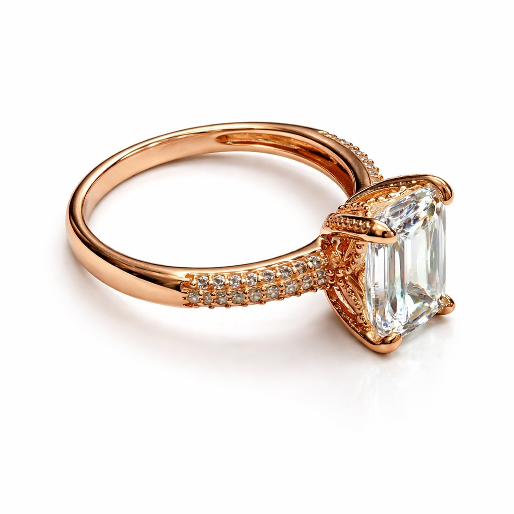 Rose gold silver emerald cut engagement ring 
