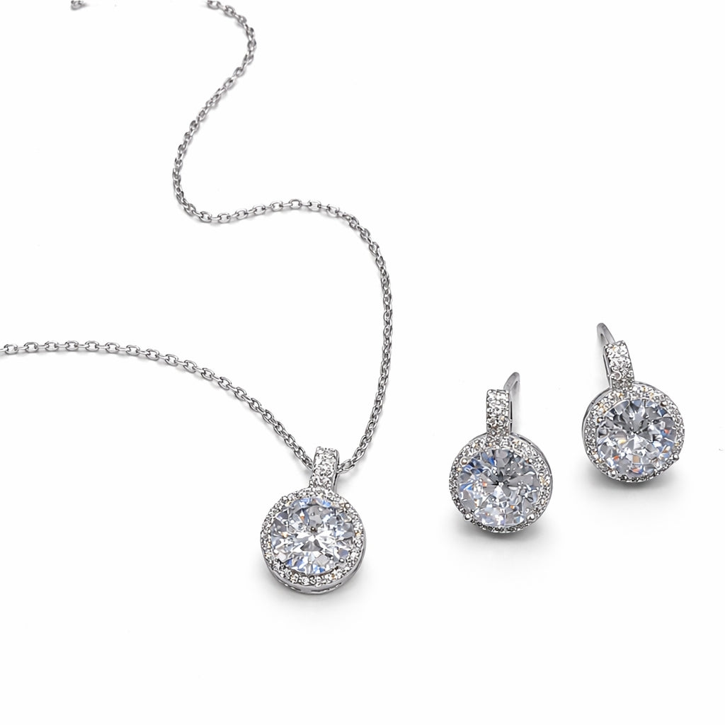 “925 sterling silver round halo CZ pendant necklace with matching earrings set”