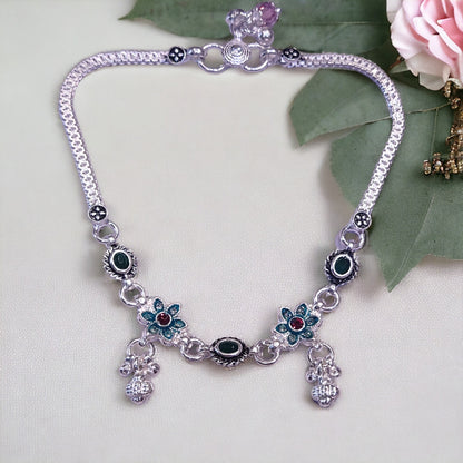 Green Flower Silver Payal For Women - Jauhari Jewellers