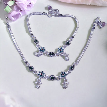 Green Flower Silver Payal For Women - Jauhari Jewellers